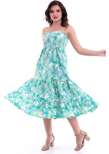 Desenli Askılı Elbise Yeşil MDNSS45 modelleri