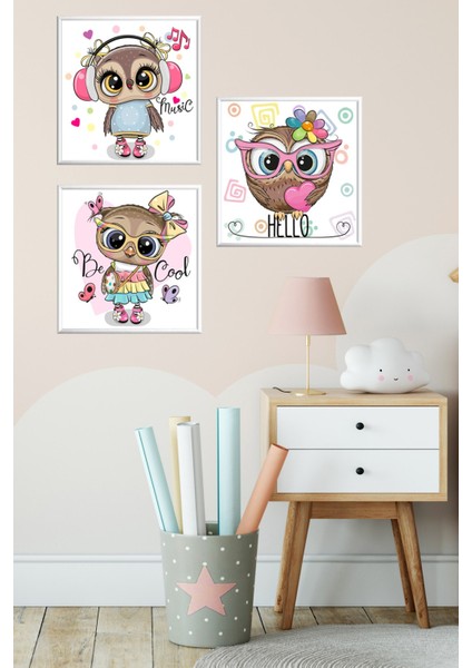 Üçlü Çocuk Odası Alüminyum Beyaz Metal Çerçeveli Camlı Kids Poster Tablo Seti