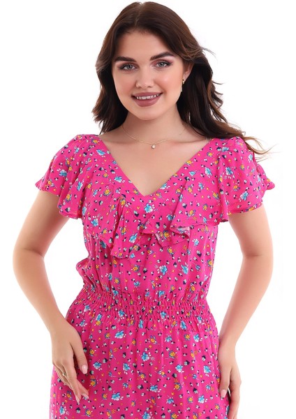 Kısa Kollu Çiçek Desenli Uzun Elbise Yeşil MDNSS44 indirimleri