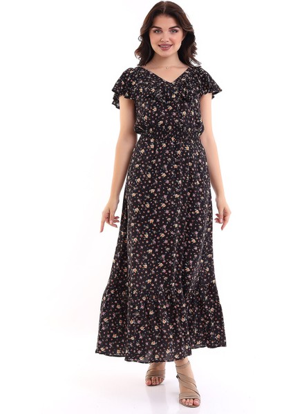 Kısa Kollu Çiçek Desenli Uzun Elbise Siyah MDNSS44