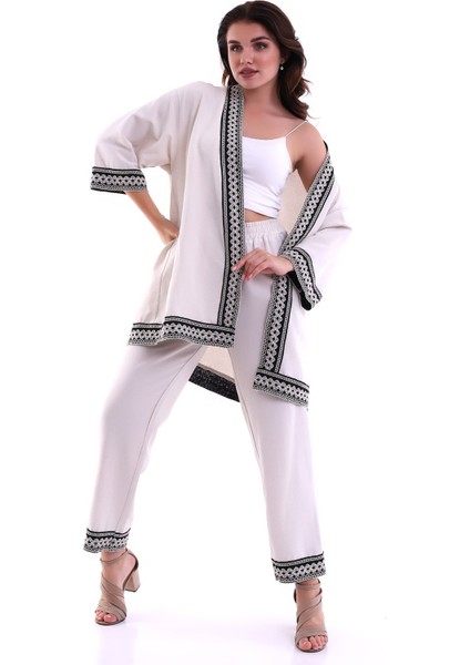 Işlemeli Kimono Takım Beyaz MDNSS105