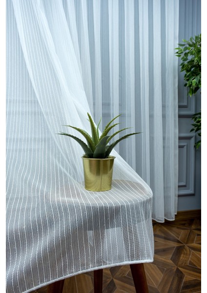 Çizgili Kullanıma Hazır 1/2 Seyrek Pile Tül Perde Tek Kanat - Ekru 100 x 260 cm