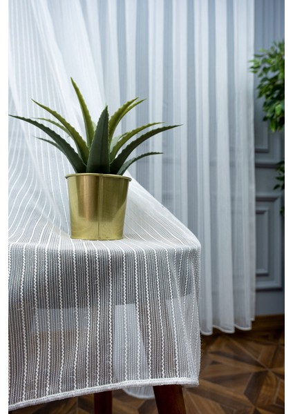 Çizgili Kullanıma Hazır 1/2 Seyrek Pile Tül Perde Tek Kanat - Ekru 100 x 260 cm modelleri