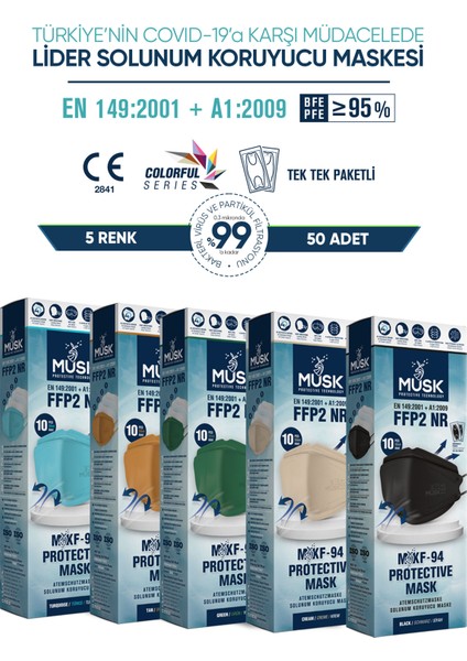 KF94 Kore Tipi N95 Maske 5 Renk 50 Adet (Turkuaz, Taba, Yeşil, Krem, Siyah)