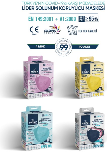 Ffp2 Maske 40 Adet (Lila,sarı,turkuaz,mix)