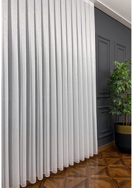 Ince Çizgili Kullanıma Hazır 1/2 Seyrek Pile Tül Perde Tek Kanat - Ekru 100 x 270 cm