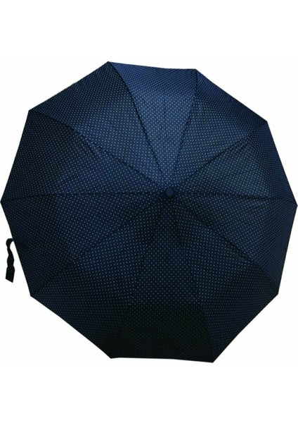Eleven Market Rüzgârda Kırılmayan Yarı Otomatik 10 Telli Lüx Bayan Şemsiyesi Lacivert Puantiyeli