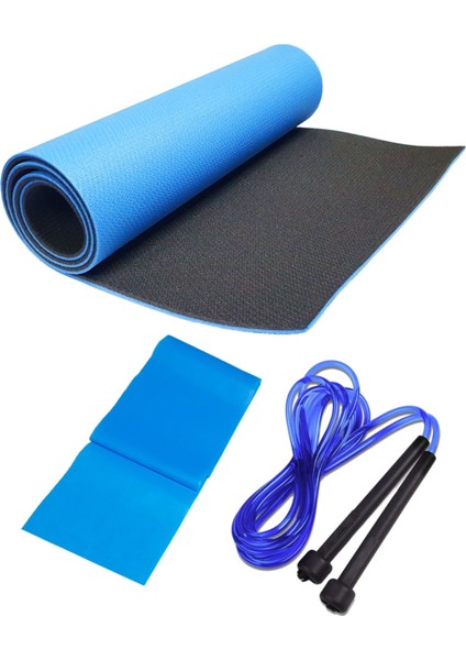 Üçlü Pilates Egzersiz Seti Çift Taraflı 8mm Pilates Minderi Atlama Ipi ve Pilates Lastiği Seti