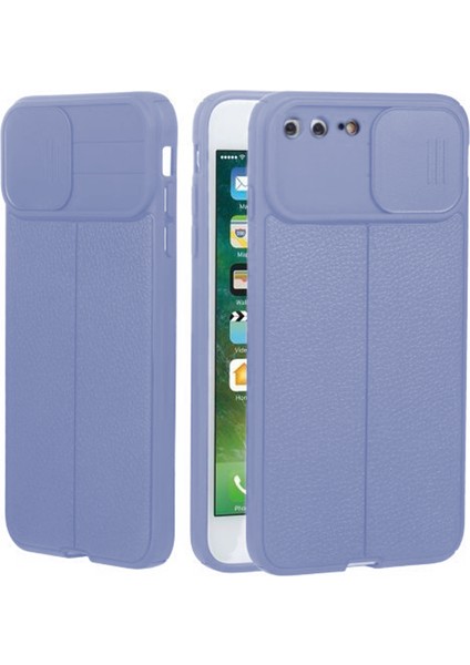 Apple iPhone 8 Plus Kılıf Kamera Sürgülü Deri Dokulu Mat Silikon Mor