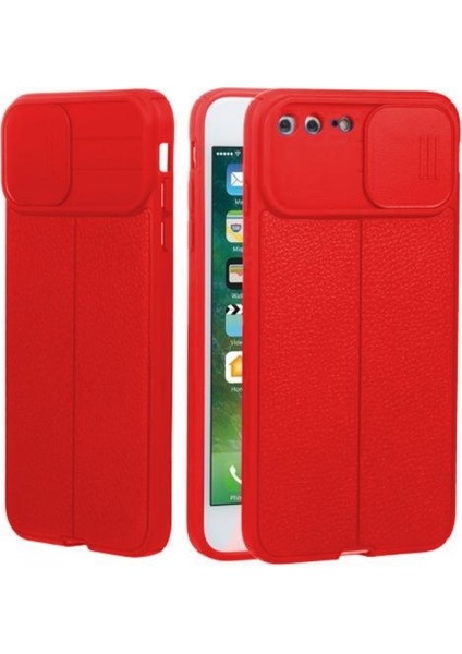 Casestreet Apple iPhone 7 Plus Kılıf Kamera Sürgülü Deri Dokulu Mat Silikon+Nano Glass Koruyucu Kırmızı