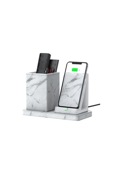 Ofis Masası Telefon Kablosuz Şarj Kalem Tutucu Tutucu Çok Fonksiyonlu Dikey Saklama Kutusu 10W Xiaomi Için Hızlı Şarj Standı Telefon Tutucular ve standları Mermer (Yurt Dışından)