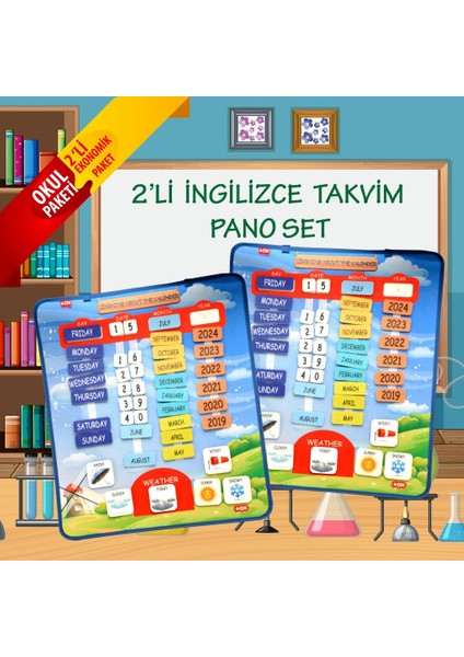 2 Set - 86 Parça Tox Ingilizce Takvimi Öğreniyorum Keçe Duvar Panoları , Eğitici Oyuncak