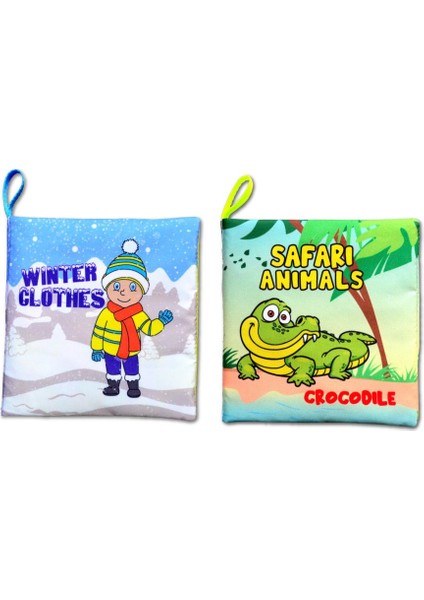 2 Kitap Tox Ingilizce Kışlık Giysiler ve Safari Hayvanları Kumaş Sessiz Kitap E124 E130 - Bez Kitap , Eğitici Oyuncak , Yumuşak ve Hışırtılı