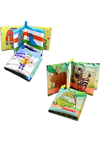 2 Kitap Tox Ingilizce Kışlık Giysiler ve Safari Hayvanları Kumaş Sessiz Kitap E124 E130 - Bez Kitap , Eğitici Oyuncak , Yumuşak ve Hışırtılı modelleri