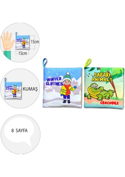 2 Kitap Tox Ingilizce Kışlık Giysiler ve Safari Hayvanları Kumaş Sessiz Kitap E124 E130 - Bez Kitap , Eğitici Oyuncak , Yumuşak ve Hışırtılı fırsatları