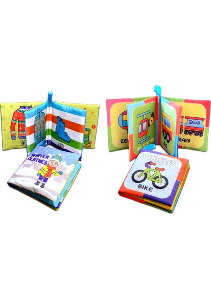 2 Kitap Tox Ingilizce Kışlık Giysiler ve Taşıtlar Kumaş Sessiz Kitap E132 E124 - Bez Kitap , Eğitici Oyuncak , Yumuşak ve Hışırtılı