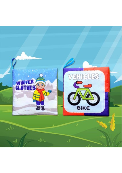 2 Kitap Tox Ingilizce Kışlık Giysiler ve Taşıtlar Kumaş Sessiz Kitap E132 E124 - Bez Kitap , Eğitici Oyuncak , Yumuşak ve Hışırtılı