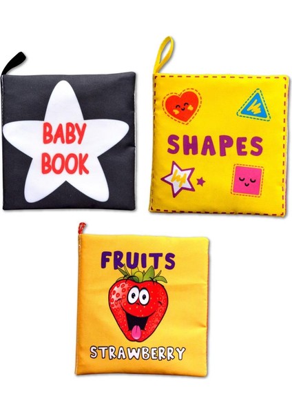 3 Kitap Tox Ingilizce Şekiller, Meyveler ve Siyah-Beyaz Bebek Kumaş Sessiz Kitap E126 E131 E136 - Bez Kitap , Eğitici Oyuncak , Yumuşak ve Hışırtılı