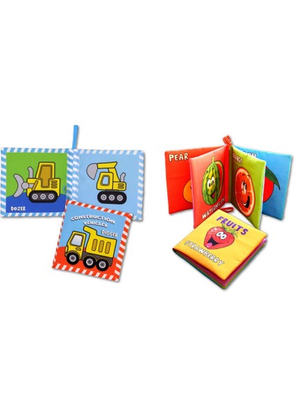 2 Kitap Tox Ingilizce Iş Makinaları ve Meyveler Kumaş Sessiz Kitap E118 E126 - Bez Kitap , Eğitici Oyuncak , Yumuşak ve Hışırtılı