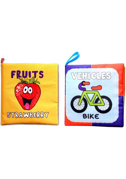 2 Kitap Tox Ingilizce Meyveler ve Taşıtlar Kumaş Sessiz Kitap E126 E132 - Bez Kitap , Eğitici Oyuncak , Yumuşak ve Hışırtılı