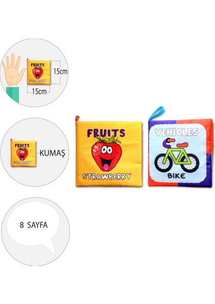 2 Kitap Tox Ingilizce Meyveler ve Taşıtlar Kumaş Sessiz Kitap E126 E132 - Bez Kitap , Eğitici Oyuncak , Yumuşak ve Hışırtılı fırsatları