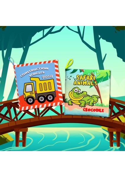 2 Kitap Tox Ingilizce Iş Makinaları ve Safari Hayvanları Kumaş Sessiz Kitap E118 E130 - Bez Kitap , Eğitici Oyuncak , Yumuşak ve Hışırtılı