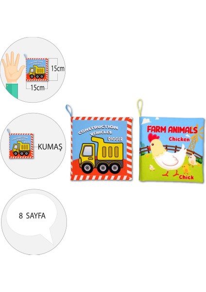 2 Kitap Tox Ingilizce Iş Makinaları ve Çiftlik Hayvanları Kumaş Sessiz Kitap E118 E119 - Bez Kitap , Eğitici Oyuncak , Yumuşak ve Hışırtılı