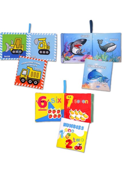3 Kitap Tox Ingilizce Rakamlar , Iş Makinaları ve Deniz Canlıları Kumaş Sessiz Kitap E118 E122 E128 - Bez Kitap , Eğitici Oyuncak , Yumuşak ve Hışırtılı