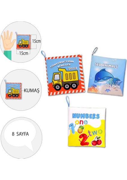 3 Kitap Tox Ingilizce Rakamlar , Iş Makinaları ve Deniz Canlıları Kumaş Sessiz Kitap E118 E122 E128 - Bez Kitap , Eğitici Oyuncak , Yumuşak ve Hışırtılı