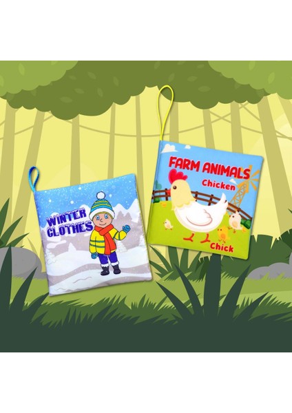 2 Kitap Tox Ingilizce Kışlık Giysiler ve Çiftlik Hayvanları Kumaş Sessiz Kitap E124 E119 - Bez Kitap , Eğitici Oyuncak , Yumuşak ve Hışırtılı