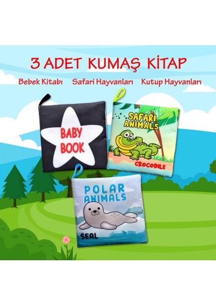 3 Kitap Tox Ingilizce Siyah-Beyaz Bebek , Safari ve Kutup Hayvanları Kumaş Sessiz Kitap E125 E130 E136 - Bez Kitap , Eğitici Oyuncak , Yumuşak ve Hışırtılı