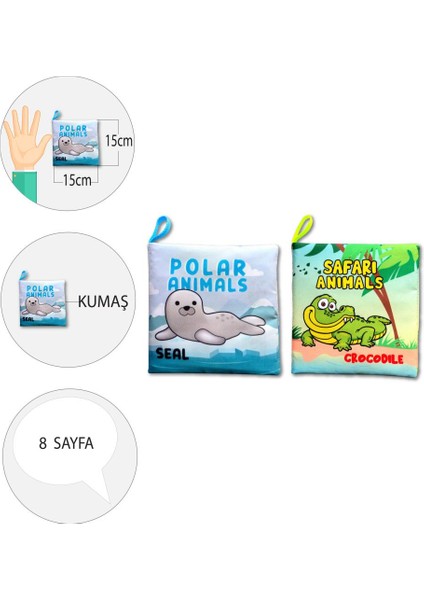 2 Kitap Tox Ingilizce Kutup Hayvanları ve Safari Hayvanları Kumaş Sessiz Kitap E125 E130 - Bez Kitap , Eğitici Oyuncak , Yumuşak ve Hışırtılı