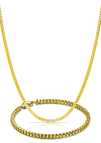 Küp Model Erkek Gold Çelik Bileklik ve Kolye Zincir Set