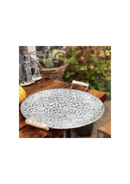 El Işi Yuvarlak Düz Metal Plaka Retro Tatlı Kek Ekmek Plaka Ahşap Kolları ile Dekoratif Antika Servis Tepsisi Restoran | Depolama Tepsileri (Ler)( Yurt Dışından )(Yurt Dışından) fiyatları