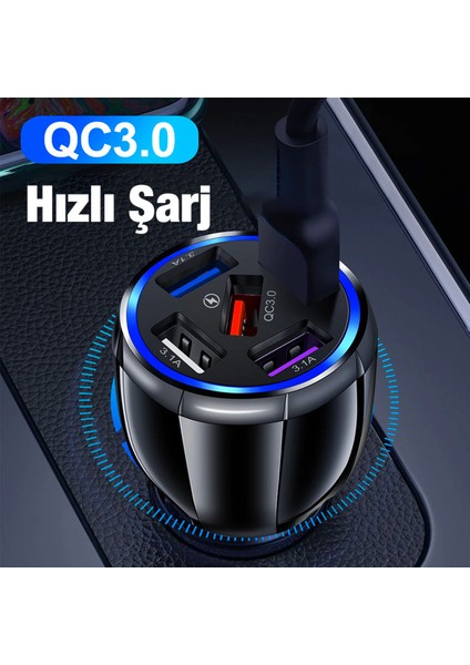 Uslıon 5 Portlu Qc3.0 Çoklu USB Araç Çakmaklık Hızlı Şarj Aleti Araç Şarjı ALL-35191