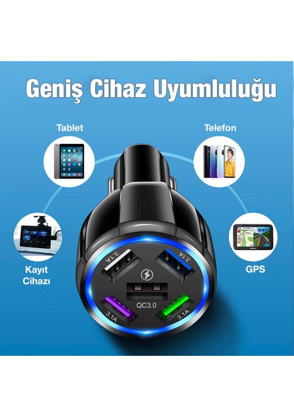 Uslıon 5 Portlu Qc3.0 Çoklu USB Araç Çakmaklık Hızlı Şarj Aleti Araç Şarjı ALL-35191