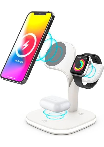 5in1 iPhone Uyumlu 13-12 Apple Watch Uyumlu Tutucu Kablosuz Şarj Istasyonu Hızlı Şarj Standı LED Işıklı ALL-35196