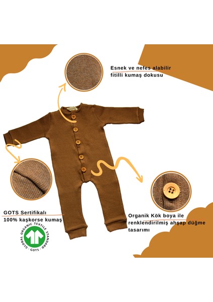 Unisex Kız ve Erkek Bebek Tulum, Düz Renkli Ahşap Düğme Tasarımlı Organik Bebek Tulumu