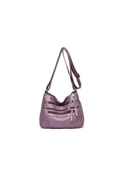Kadın Yumuşak Su Geçirmez Çok Fermuar Kadın Deri Satchel Açık Seyahat Omuz Crossbody Rahat Messenger Mor Çanta (Yurt Dışından)