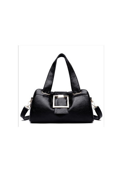 Gelmesi Kadın Moda Crossbody Retro Tarzı Kadın Omuz Yaratıcı Toka Yumuşak Deri Messenger Katı Renk Kafes Desen Büyük Kapasiteli Tote Siyah Çanta (Yurt Dışından)