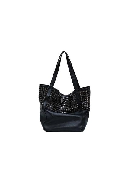 Moda Perçin Büyük Kapasiteli Kadın Omuz Yumuşak Rahat Siyah Kadın Alışveriş Lady Hobo Tote Seyahat Siyah Çanta (Yurt Dışından)