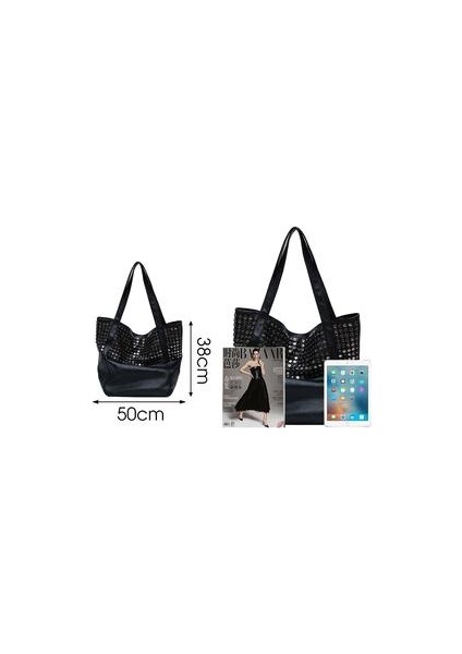 Moda Perçin Büyük Kapasiteli Kadın Omuz Yumuşak Rahat Siyah Kadın Alışveriş Lady Hobo Tote Seyahat Siyah Çanta (Yurt Dışından)