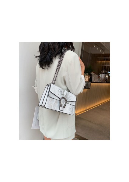 Kadın Omuz Sonbahar ve Kış Alışveriş Yüksek Kalite Indirim Yılan Desen Moda Tasarım Kadın Messenger Beyaz Çanta (Yurt Dışından)