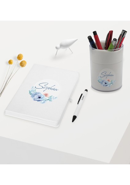 Gift Kişiye Özel Çiçek Tasarımlı Beyaz Defter Kalem ve Kalemlik - Model 24