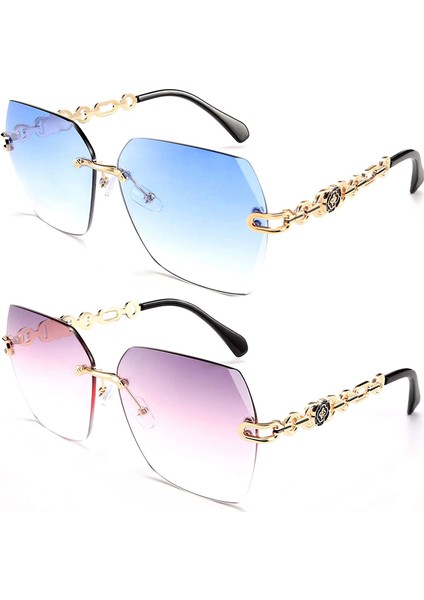 2 Adet Çerçevesiz Klasik Kadın Güneş Gözlüğü - Mavi/pembe (Yurt Dışından)