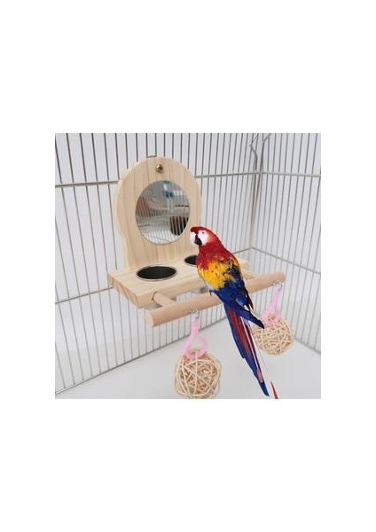 Papağan Ayna Oyun Standı Ahşap Levrek Playgym ile Besleyici Fincan Kaseler Rattan Topu 11UA | Kuş Oyuncakları (Yurt Dışından)