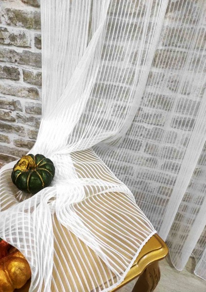 Ince Çizgili Kullanıma Hazır 1/2,5 Normal Pile Tül Perde Tek Kanat - Ekru 100 x 240 cm fiyatları