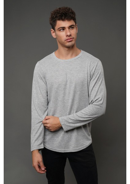 Gri Bisiklet Yaka Kendinden Desenli Sweat