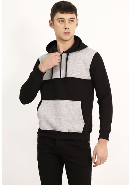 Siyah Çift Renk Kanguru Cep Sweat