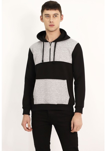 Siyah Çift Renk Kanguru Cep Sweat